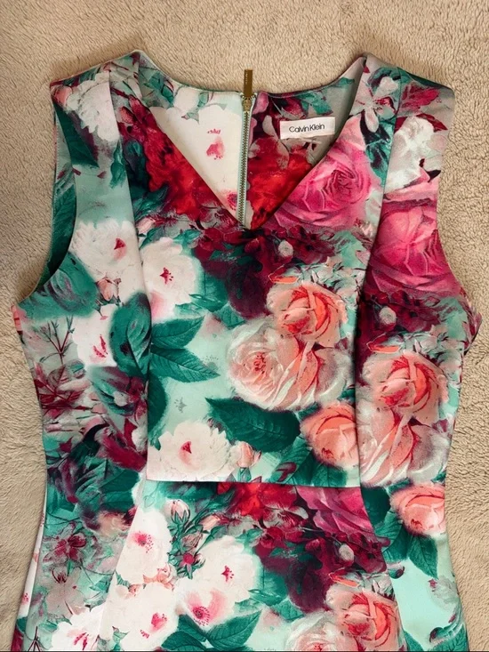 Calvin Klein Mint Green Floral Midi Dress with Pink Roses sz 8 - Picture 3 of 12